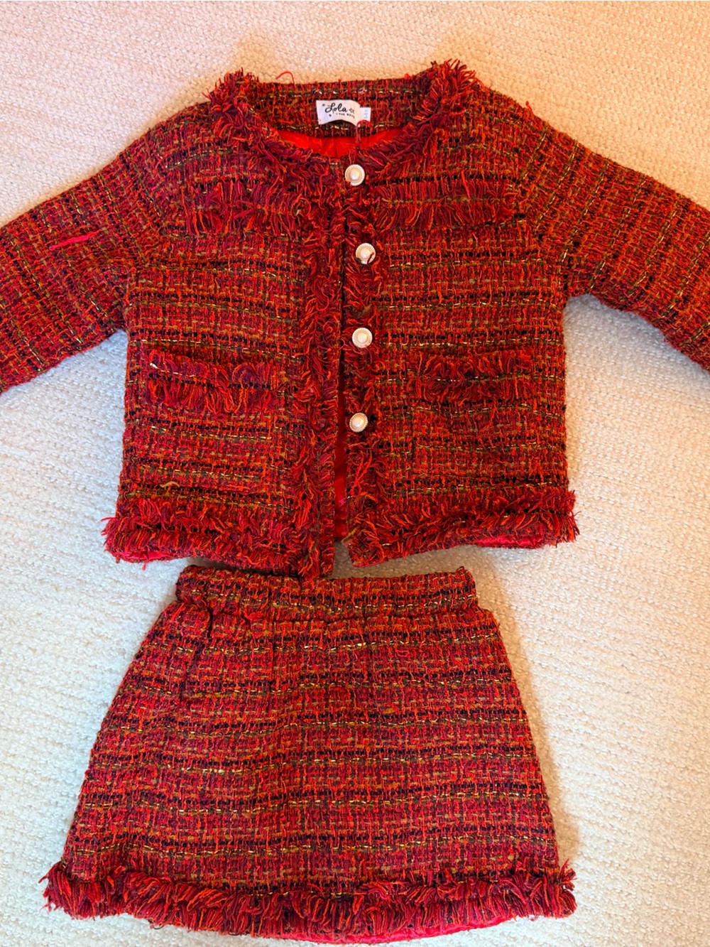 Lola + The Boys Red Tweed Fringe Cardigan & Skirt Set